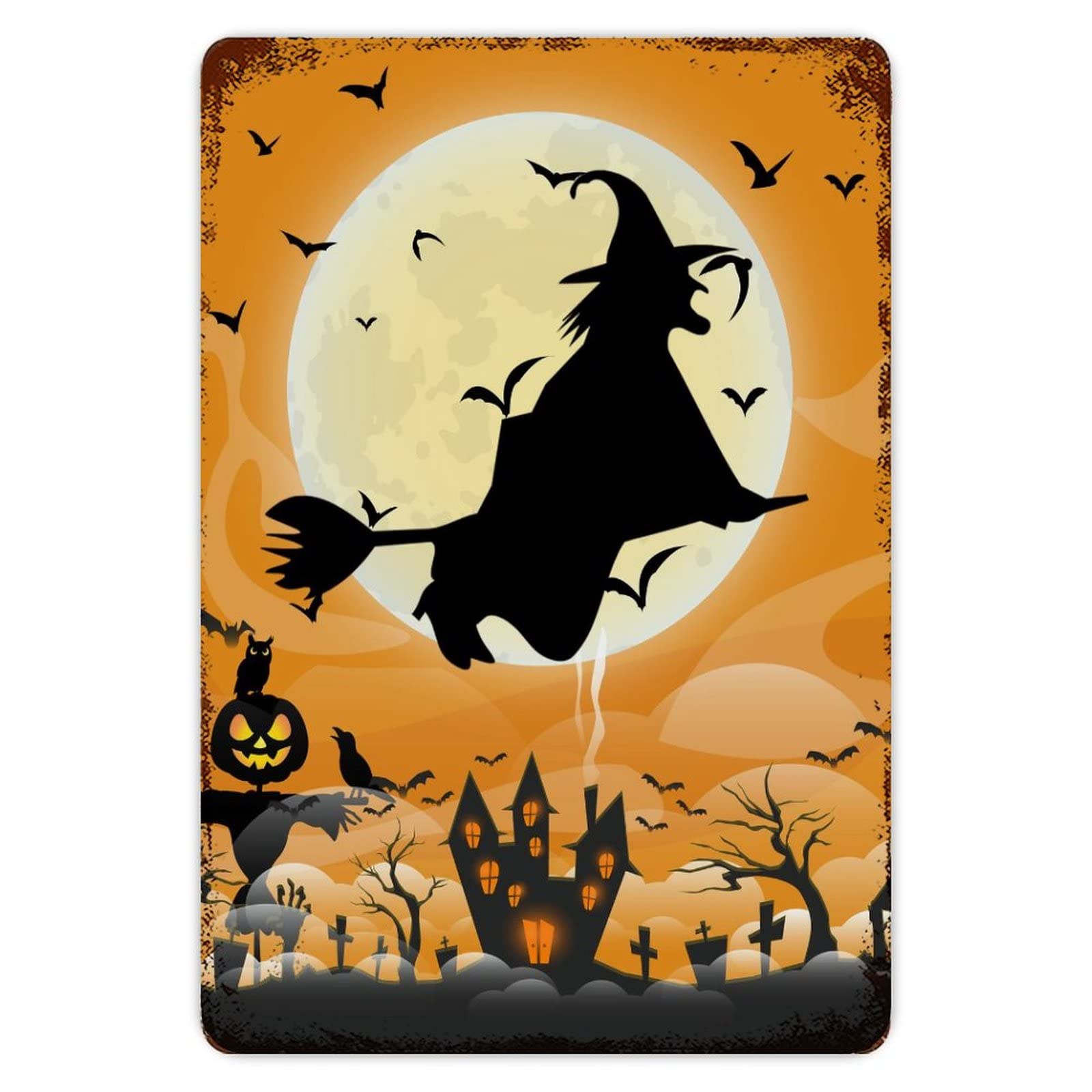 ENEDNATE Happy Halloween Flying Witch Castle Bats Ghosts Grave Aluminum Tin Sign 8x12 Waterproof Vintage Metal Sign for School Office Classroom Gate Garage Garden Home Wall Decor Gift