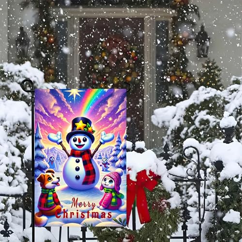 Image of BlissYard Christmas Snowman Garden Flag 12x18 Inch Winter Holiday Scene with Colorful Sky Cute Snowman Friends Festive Outdoor Yard Banner for Home Lawn Porch Patio Seasonal Welcome Decor