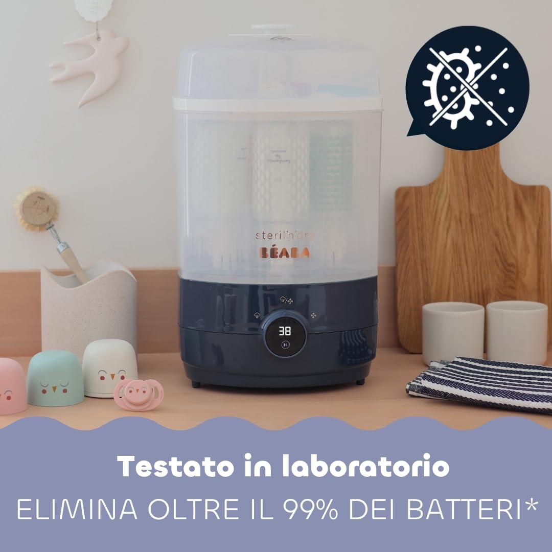 BEABA Sterilizzatore biberon e Asciuga per Accessori 2 in 1, 2 Scomparti, 3 Modalità Senza Filtro, Regolabile, Facile e Veloce, Steril'n'dry, Blu Notte