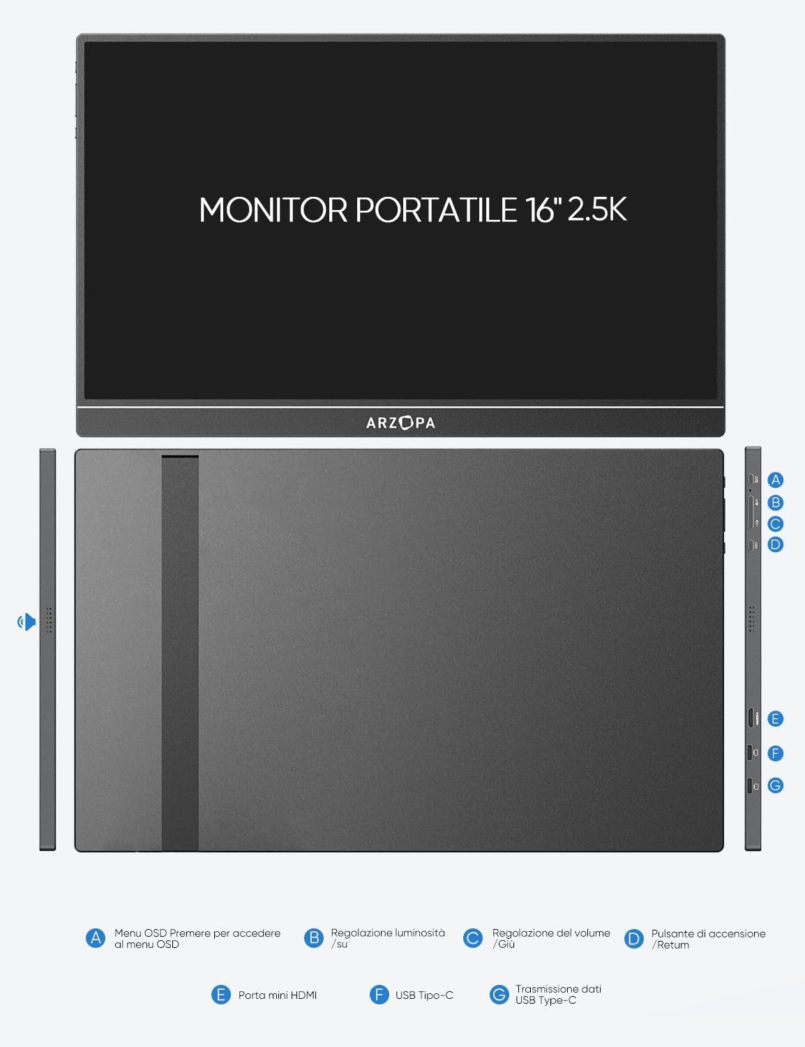 ARZOPA Monitor Portatile 16" 2.5K | Display IPS 123% sRGB 400 Nit | Schermo Produttività 16:10 per Laptop, Mac, PC | USB-C e HDMI | Include Alimentatore 30W - Z1RC