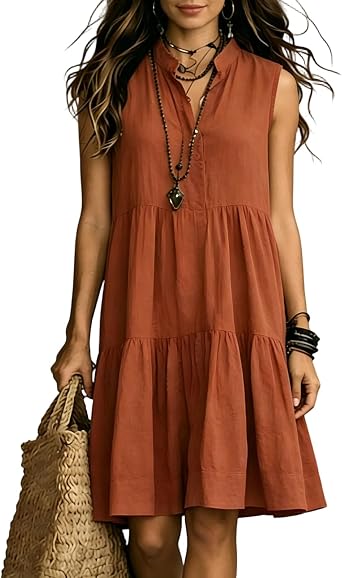 Sleeveless Summer Dresses for Women 2026 Knee Length Collared Henley V Neck Dress A Line Tiered Flowy Beach Dress