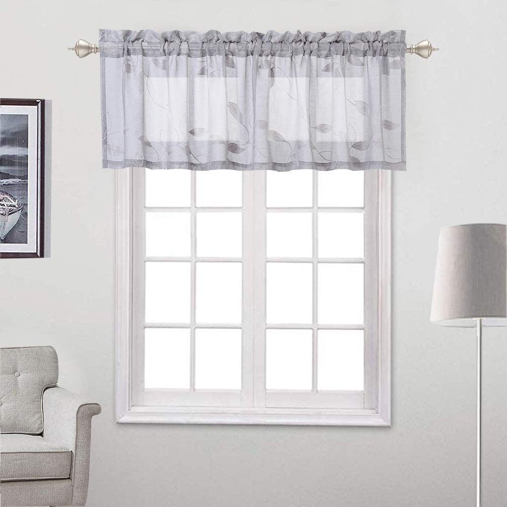 Haperlare Sheer Valance Curtains, Grey Ribbon Leaf Embroidery Window Treatment Voile Valances for Small Window/Kitchen, Faux Linen Textured Rod Pocket Embroidered Valance Drapes, 52" x 15", 1 Panel