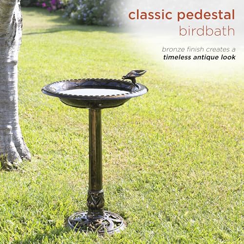 Image of Alpine Corporation 27 inch Tall Outdoor Antique Pedestal Birdbath with Bird Statue Decor, Durable Polypropylene Construction, Bronze