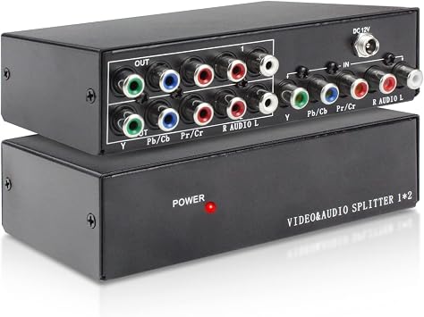 BolAAzuL 2-Way Component Video Splitter 1 in 2 Out, 1x2 YPbPr RCA Component AV Splitter Selector Converter, HDTV Video Audio Distribution 2 Port, Plug & Play, for Computers Video Scalars DVD VCR