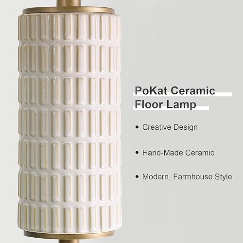 Miniatura 2 de PoKat Lámpara de pie de cerámica dorada antigua para sala de estar, dormitorio, lámpara de pie moderna de altura de 64 pulgadas con interruptor