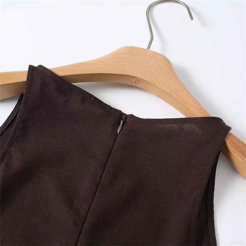 Women Linen Sleeveless Dress O Neck Casual A-Line Dress