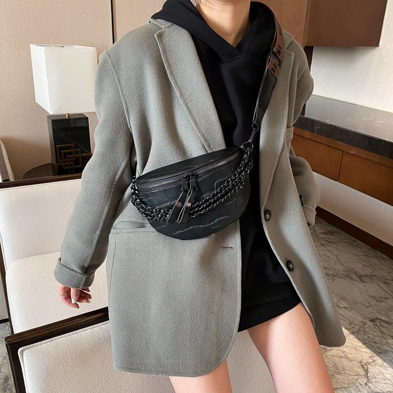Image of Leather Fanny Pack Bag for Women, Chain Belt Bag Chest Purse Fashionable Crossbody Waist Bags Handbag for Everyday Use Trip Walking Hiking
