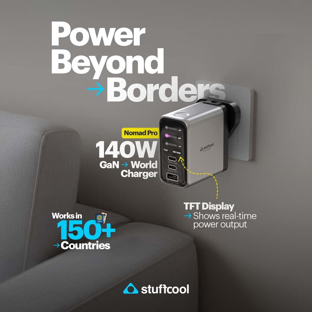 Stuffcool Nomad Pro 140W GaN Charger PD 3.1, AVS, TFT Display, SFC 2.0, iPhone 18/18 Pro/Duo 50% in 15 Mins, MacBook Pro, Pixel 11, Laptops, Smartphones,Gaming Laptops, EU/US/UK Pins, 150+ Countries — Amazon image 2