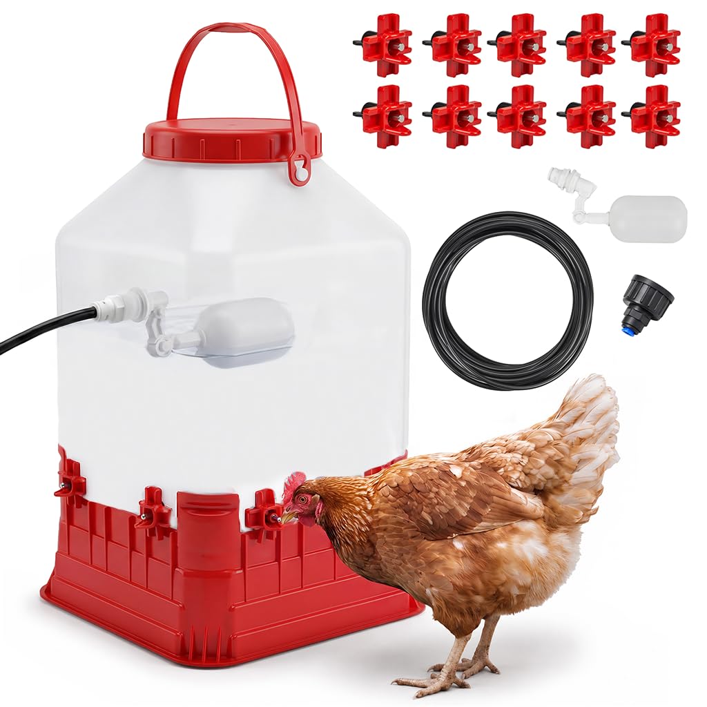 HIRALIY Bebedero automático de pollo de 2.6 galones, bebedor de pezón de recarga automática, sistema de riego de aves de corral que se mantiene limpio para pollos, patos y bandadas de patio trasero
