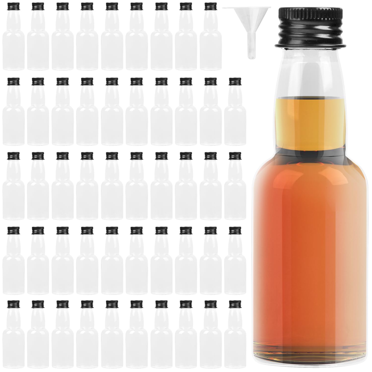 IMPRESA 50 Pack 75ml Mini Liquor Bottles with Caps Bulk for Spirit - 2.5oz Mini Plastic Bottle, Party Supplies - Easy Clean Alcohol Containers with Cap