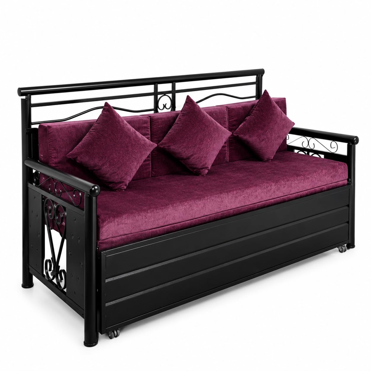 A Plus Interior 3 Seater Metal Sofa Cum Bed with Hydraulic Storage, King Size 6x6 Feet, Black | Convertible Sofa Bed with Mattress, Pillows & Storage Drawer