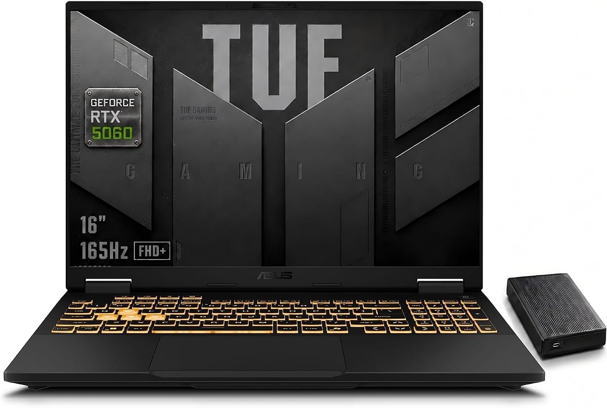 Portátil para juegos TUF F16 (2025), pantalla FHD+ de 16" 165 Hz, 115 W Max TGP RTX 5060, Intel Core i7-14650HX, 16 GB DDR5, 1 TB SSD, refrigeración inteligente, Win11 Home - con disco duro externo de 1 TB