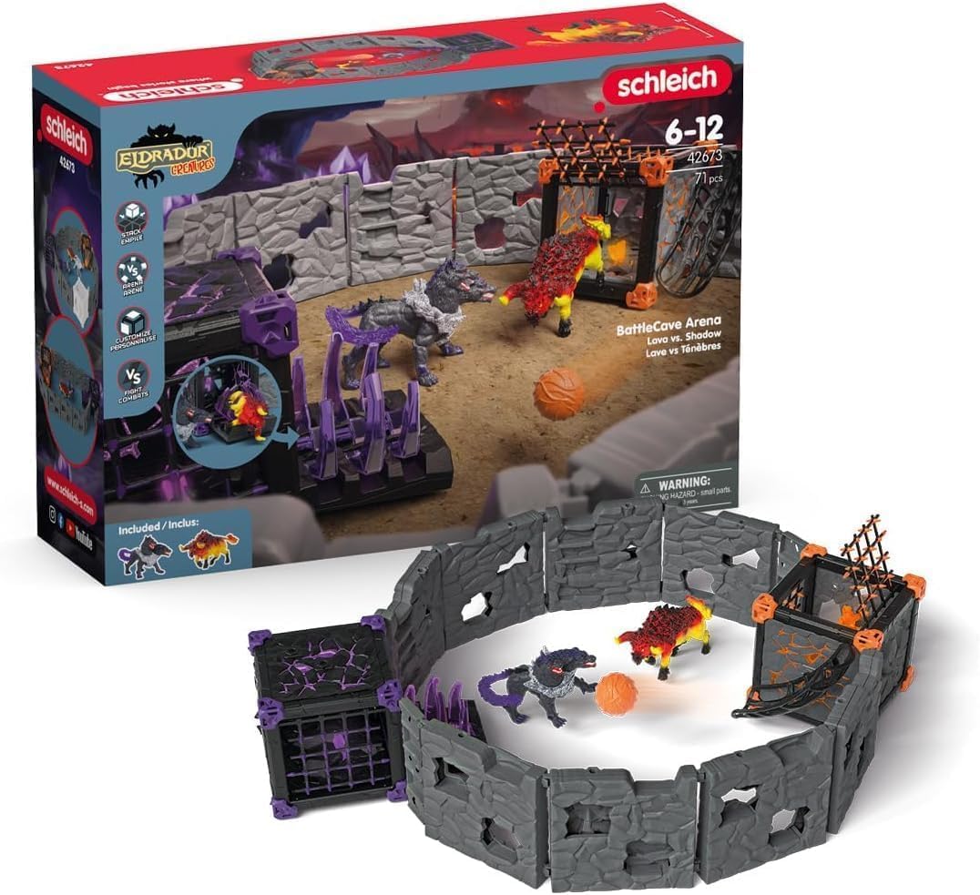 Schleich Eldrador Creatures - 71 PC BattleCave Arena Lava Vs. Shadow Playset - Lava Bull and Shadow Hound Set - Animal Monster Figurines for Boys and Girls - Fun Monster Toys for Kids Ages 7+
