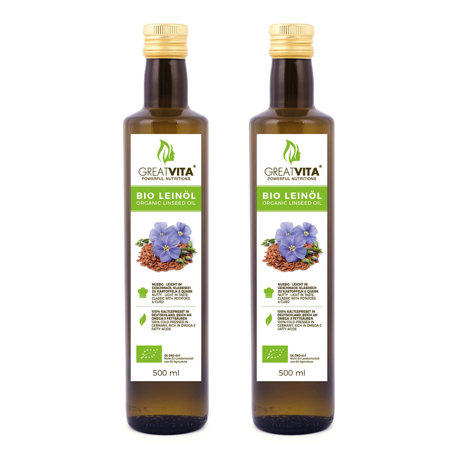 Aceite de linaza orgánico MeaVita, 100% puro y prensado en frío, paquete de 2 (2x 500ml) en botella de vidrio