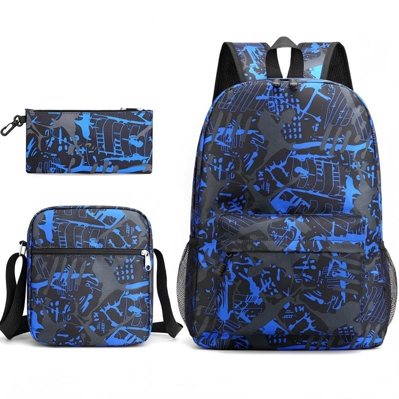 Conjunto de 3 peças de mochila com estampa de graffiti, mochila leve para laptop resistente à água com bolsa transversal e bolsa pequena, Preto, azul, Medium, uso diário