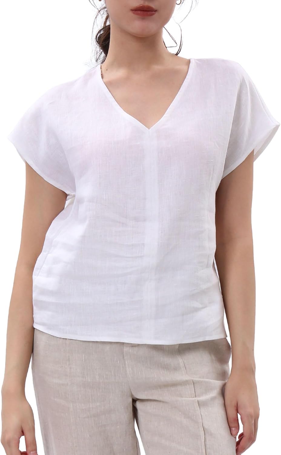 Amazhiyu Women's 100% Linen Summer Short Sleeve Tops V Neck Casual Blouse