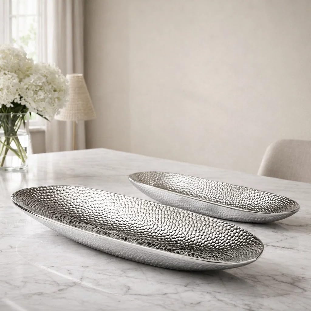 Dekoschale Silber Obstschale modern Keramikschale Tisch-Deko Silber Hochzeitsdeko Silberschale Gebäckschale Obstteller Früchteschale Dekoschalen silberne Schalen Keramik Deko Tablett Kerzenteller