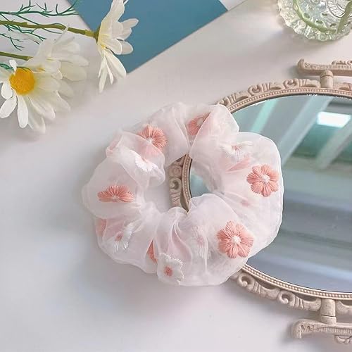 Hair Ties, Organza Scrunchies,Hair Scrunchies, Ponytail Holder, Embroidery Scrunchies For Girls, Elastic Hair Ties,Scrunchies For Women (Orange+Blue) J #TOP3