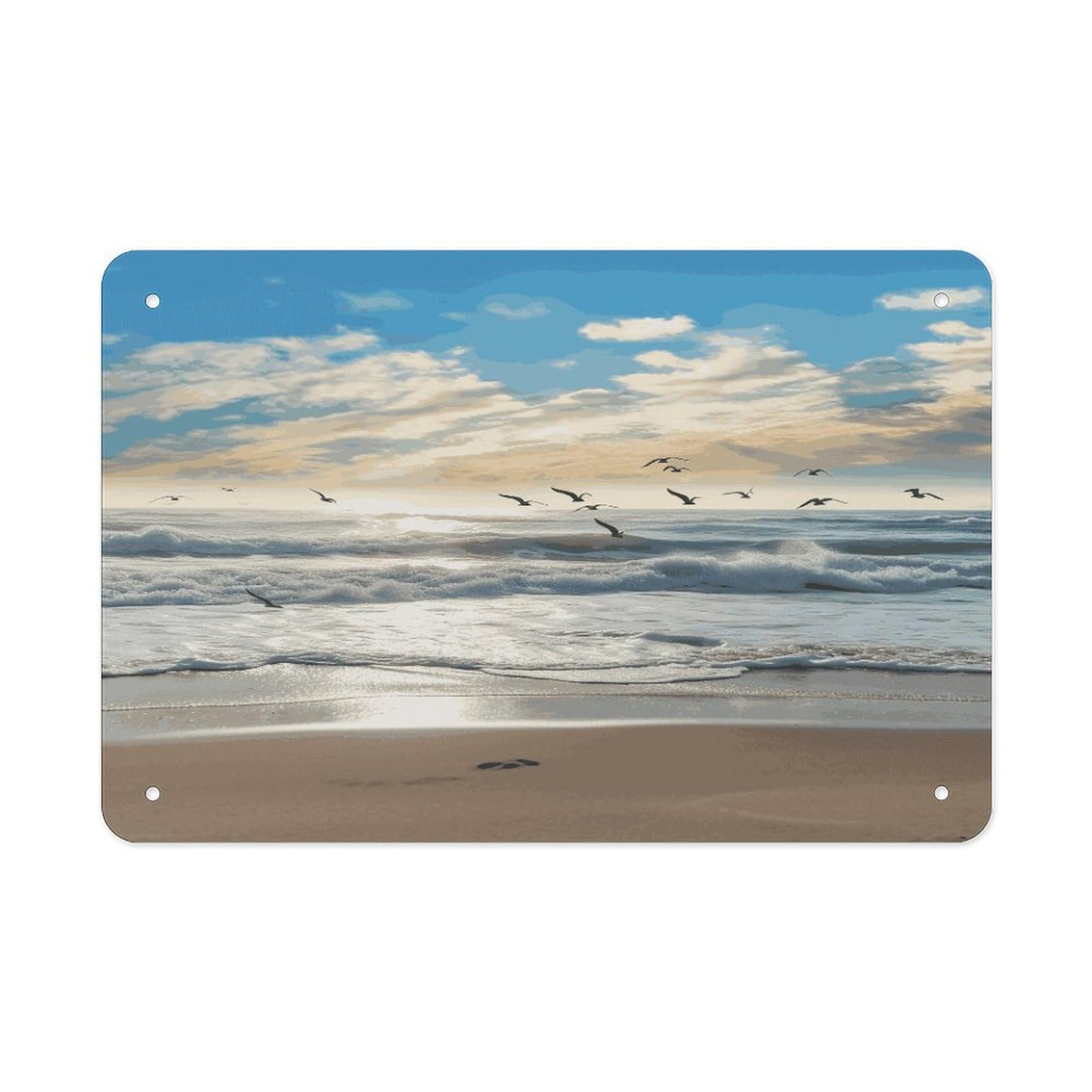 LDGSUPH Waves on The Beach with Sea Birds Metal Tin Sign Wall Art Prints Folded Edge Iron Sheet Painting with Holes for Wall Prints Decorative Picture Metal Signboard Decor Painting Wall Decor