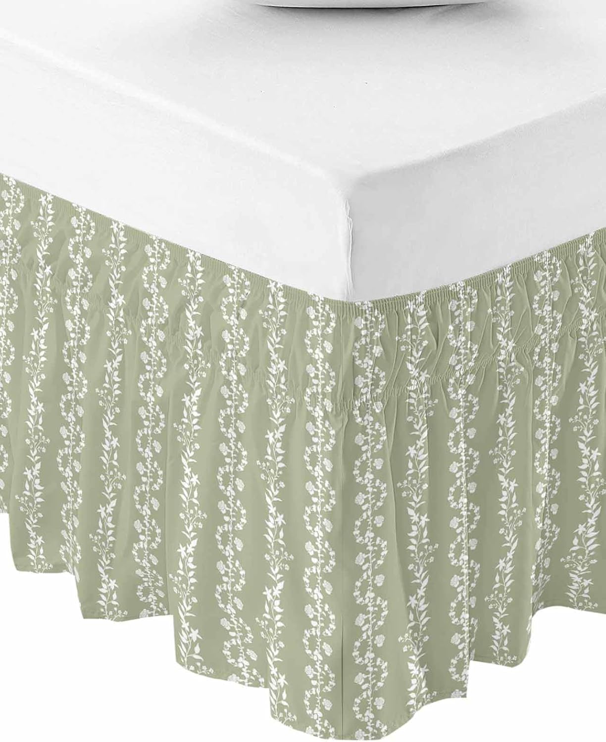 Sage Green Spring Leaves Bed Skirt Queen Size 16 Inch Drop, Adjustable Elastic Bedskirt Dust Ruffle for Queen Bed, Pastoral Botanical Striped Flowers Wrap Around Bed Skirts Pleated Bed Frame Cover