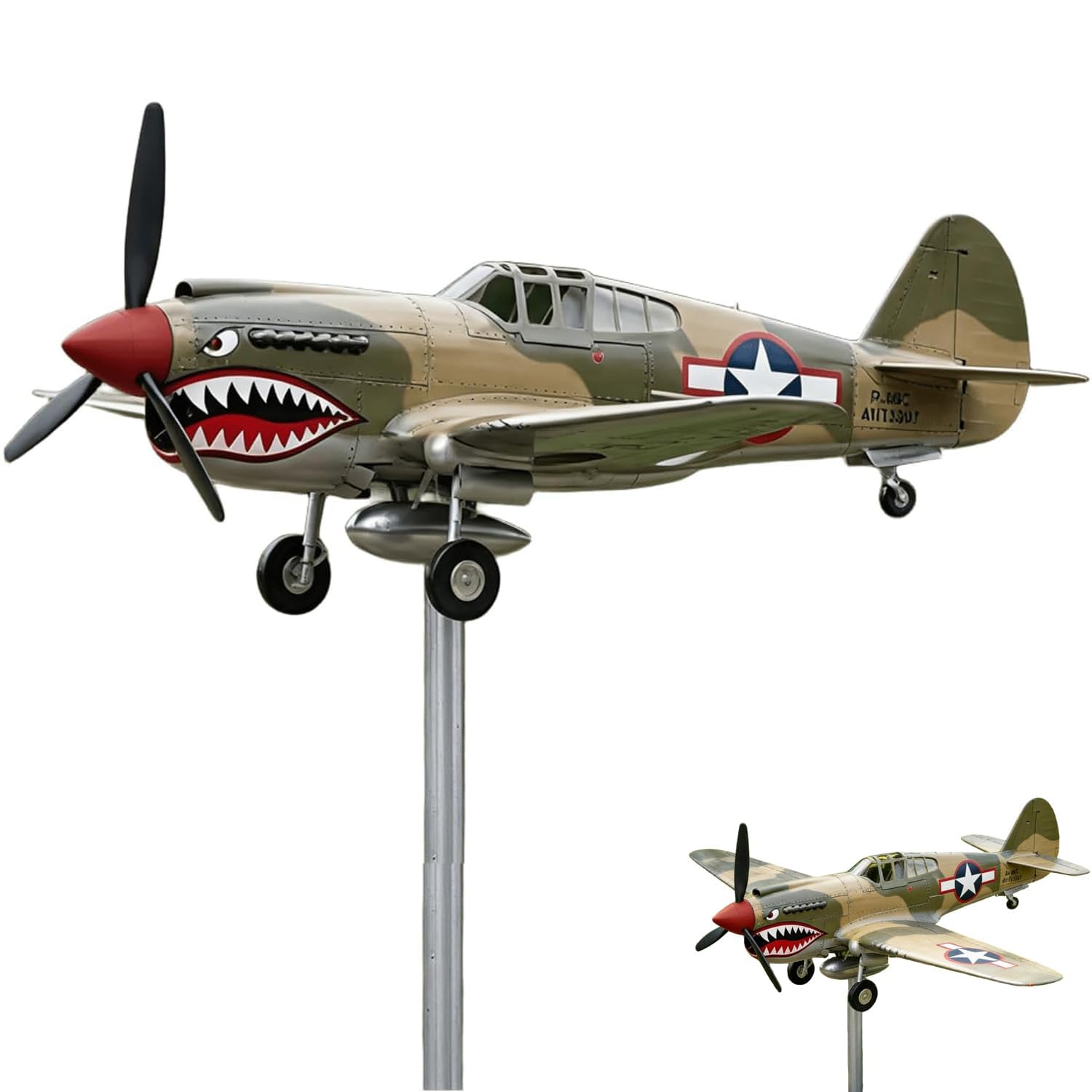 Shark Mouth Warplane Garden Wind Spinner, 3D Kinetic Metal Aircraft Weather Vane with Metal Bracket Weather-Resistant Decor for Lawn Garden and Patio