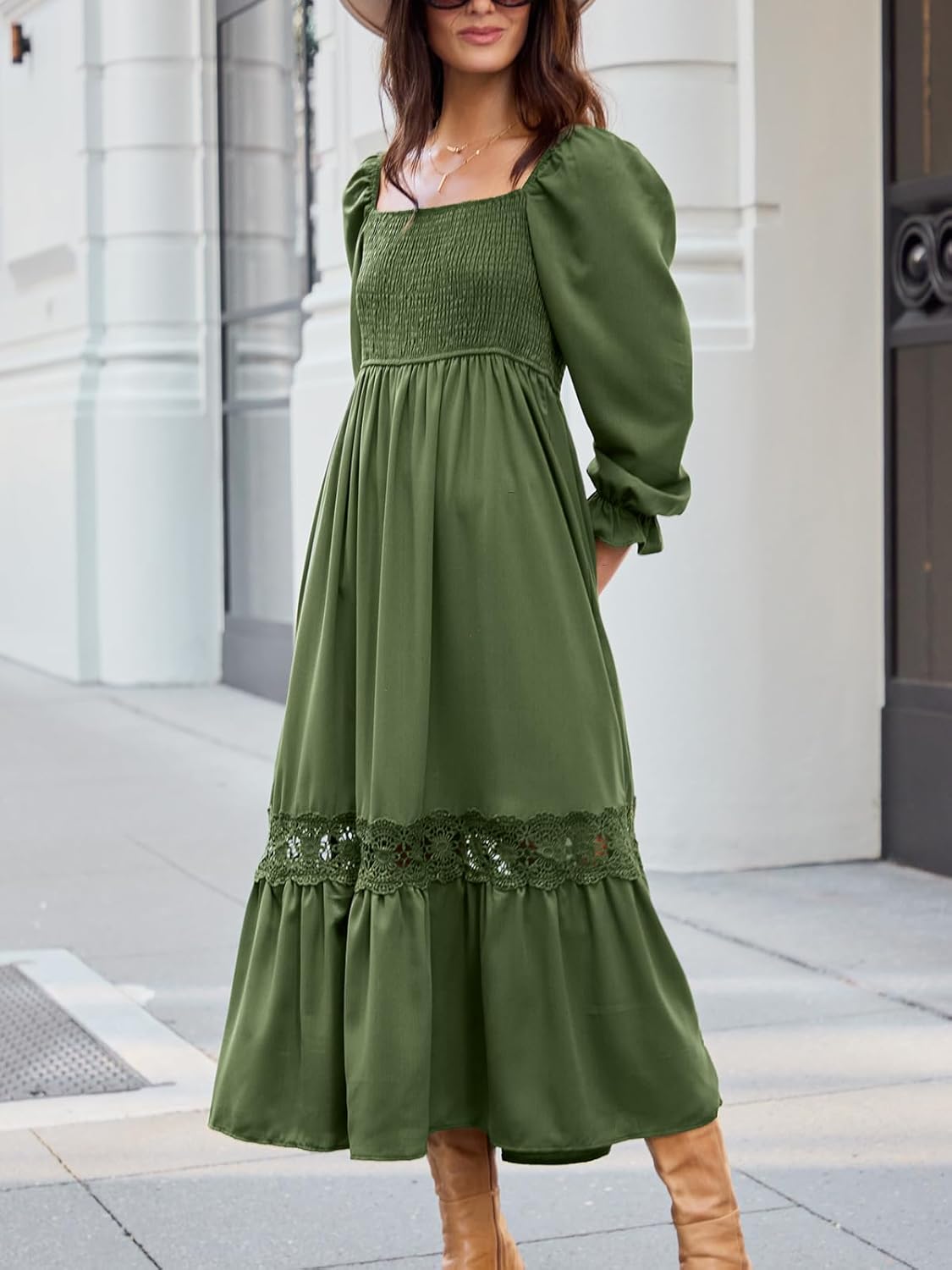 CUPSHE Womens Fall Dresses 2025 Square Neck Smocked Long Sleeve Ruffled Lace Long Formal A Line Maxi Wedding Guest Dress - Image 5