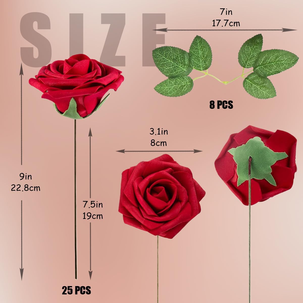 25pcs Artificial Flowers Red Foam Fake Rose with Stems 8 Leaves Real Looking Faux Burgundy Roses for Wedding Bouquets Bridal Shower Centerpieces Arrangements Party Tables Decorations DIY - Image 4