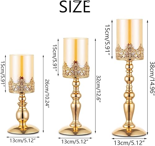 Miniatura 6 de Nuptio Portavelas de pilar con vidrio, juego de 3 portavelas dorados de huracán, decoración moderna del hogar, regalos para boda, aniversario,