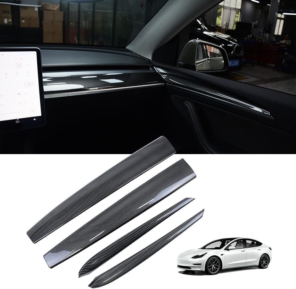 KKTR-CAR for Tesla Model 3 Model Y Dash Wrap Door Trim Cover Interior Board Carbon Pattern Decoration Wrap Kit Dashboard Accessories 4 Pieces (Shiny Carbon Fiber-4pcs)