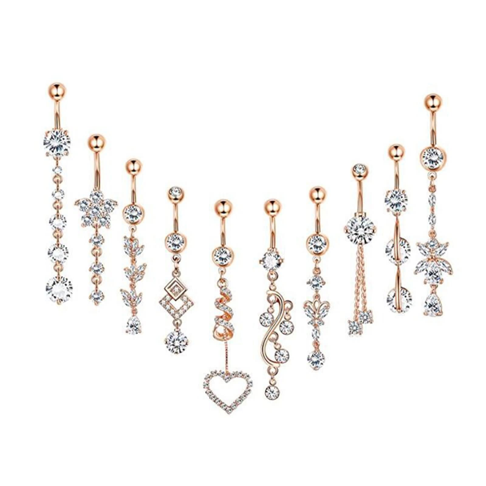Piercing per Ombelico, Piercing Anello Ombelico Acciaio Chirurgico 10 Pezzi di Fiori A Cuore Lungo con Zirconi, Piercing Ombelico Ciondoli Donna
