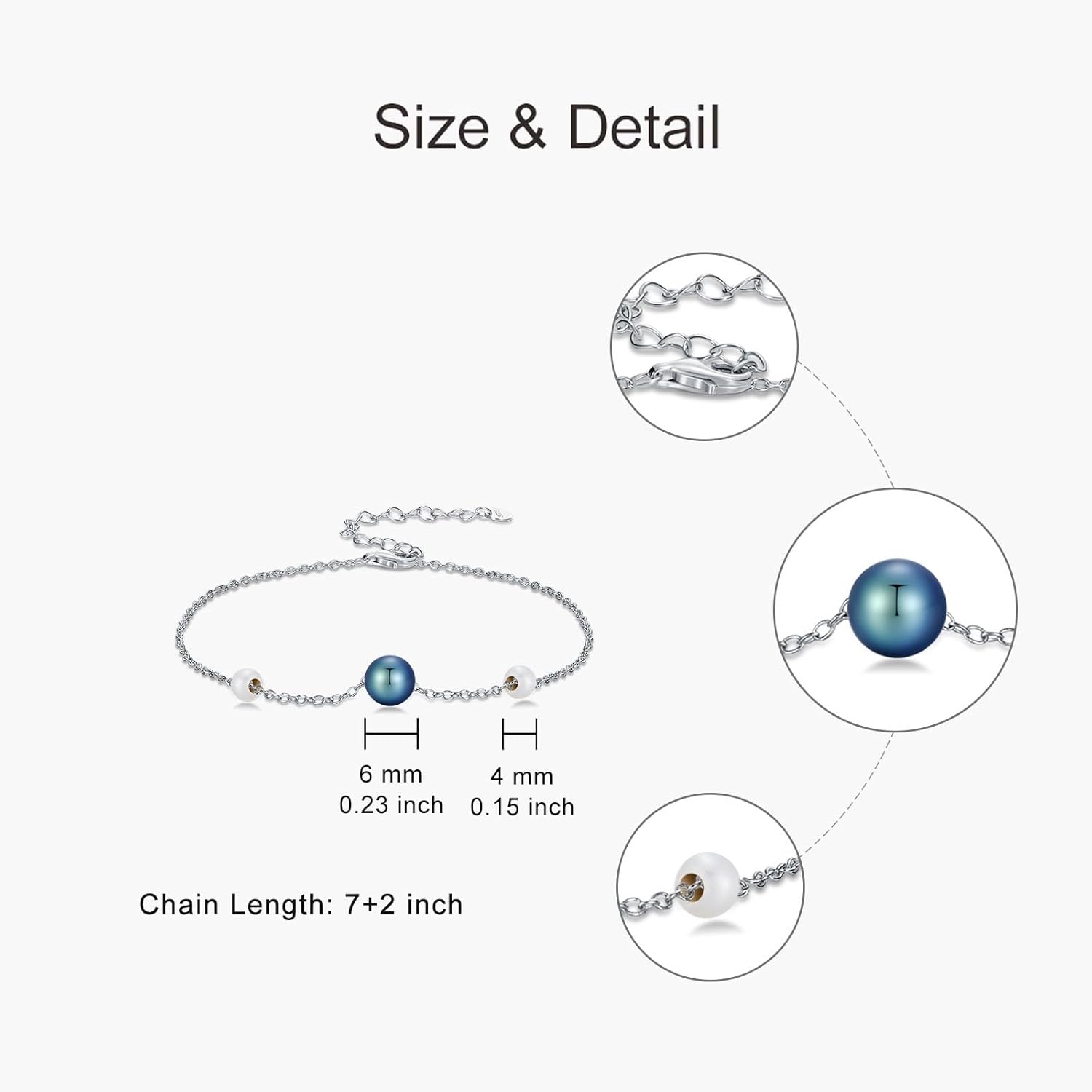 925 Sterling Silver Black Pearl Bracelet for Women, 4-6mm Round Cultured Pearl Bracelet, Danity Jewelry Gift for Women Christmas Mother's Day Valentine's Day Birthday Anniversary - Image 4