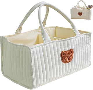Diaper Caddy Portable Quilted Basket with Removable Dividers & Handles for Nursery Nursery Storage Basket for Diapers Wipes Toys Baby Essentials White
