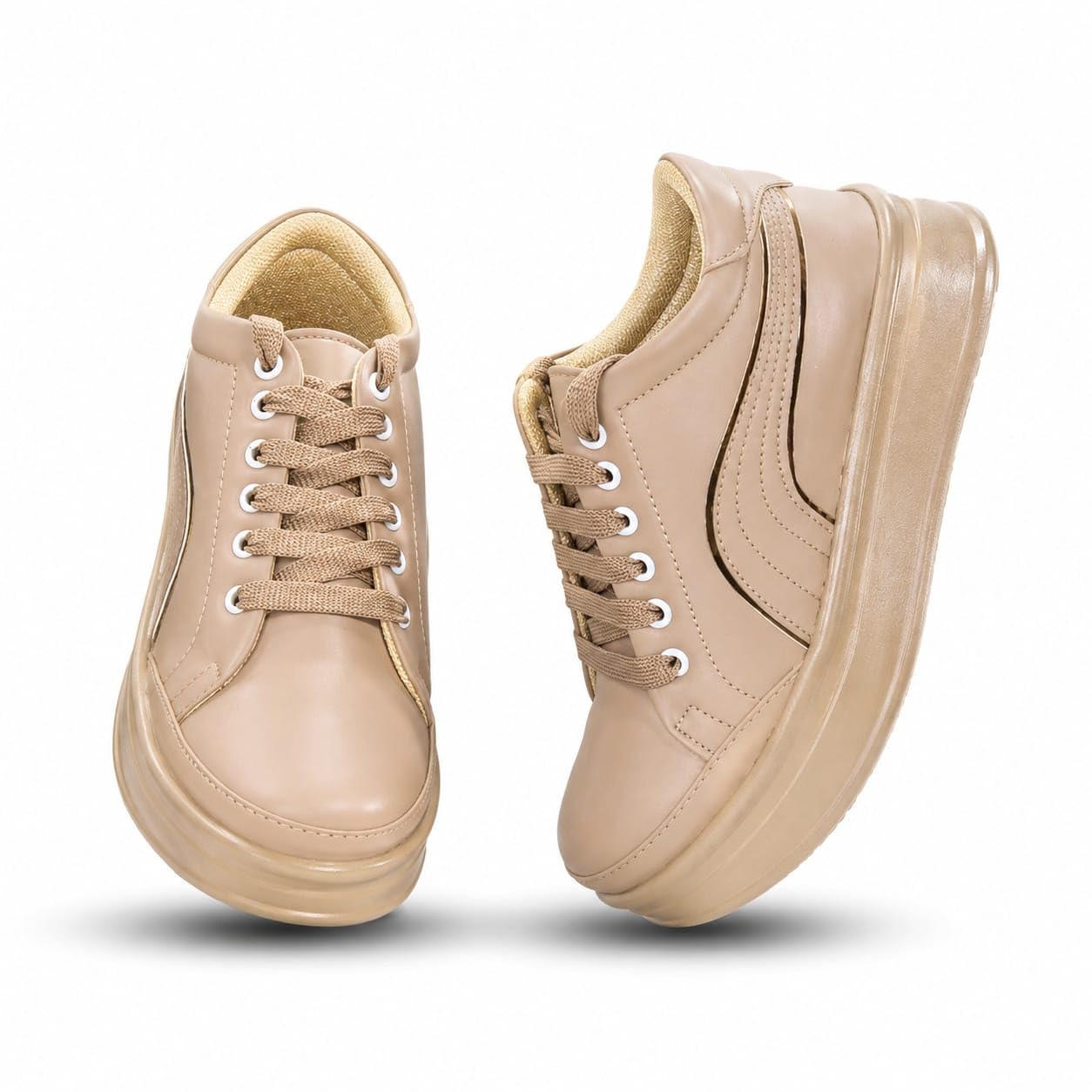 Women's Platform Sneakers | Casual Lace-Up Chunky Walking Shoes | Lightweight Cushioned Fashion Sneakers, College, Office & Travel | Grey/White & Beige-image-20