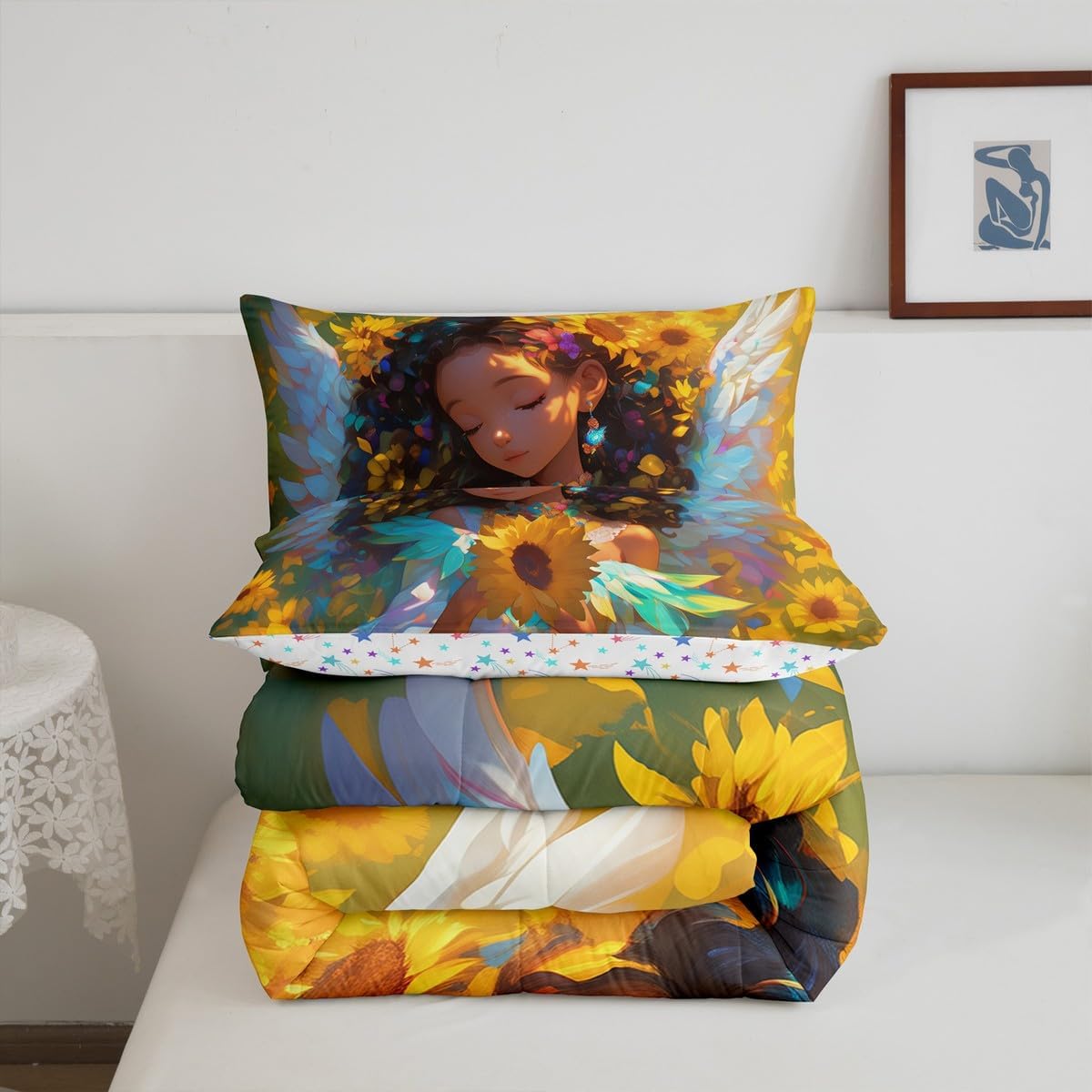 Castle Fairy Dreamy Angel Comforter Set Toddler Size American Style Cute Girl Bedding Set Kids Girls Spring Theme Sunflower All Season Quilt Set White Wings Bedding Comforter Sets,2Pcs