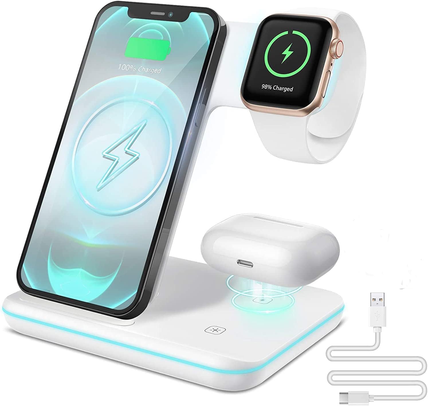 Wireless Charger, KIYOSAKI 3 in 1 Charging Station, Charging Dock for AirPods and AirPods Pro, Watch Stand for Apple Watch, Qi Fast Charging Stand for iPhone and All Qi-Enabled Devices (WHITE)