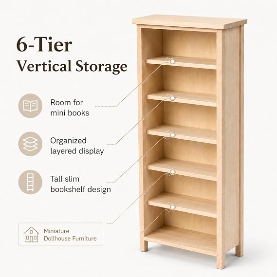 IMIKEYA Dollhouse Bookshelf, Wood, 1:12 Scale, 6 Tier