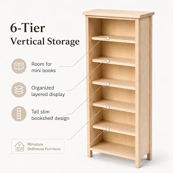 IMIKEYA Dollhouse Bookshelf, Wood, 1:12 Scale, 6 Tier