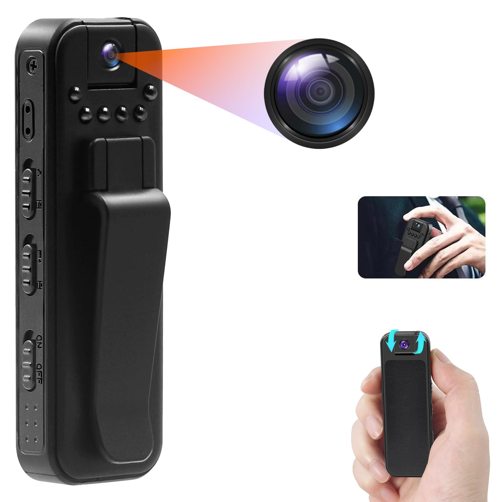 TANGMI Spy Cam 1080P, Body Cam, Visione Notturna, 180°, Mini Camera | Micro Camera, Micro Telecamera, Clip-on, Registrazione Audio, Loop, 150 Min, 27g, Riunioni Equitazione Animali, Cavo