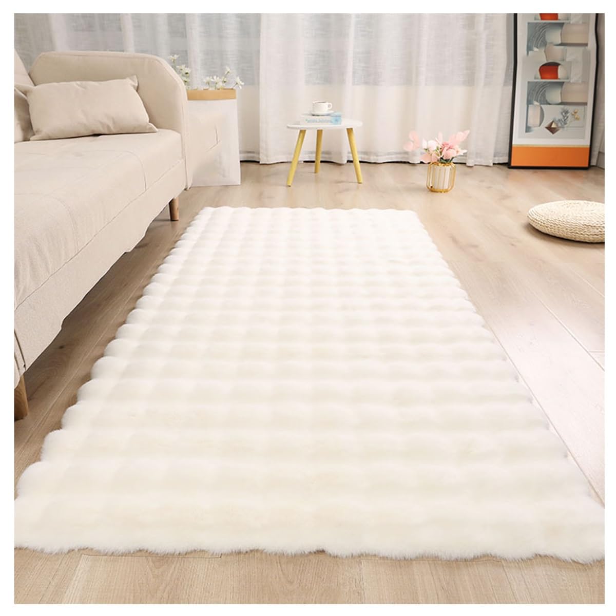 Tapis de chevet en peluche blanche 80 cm fausse fourrure douce et dense