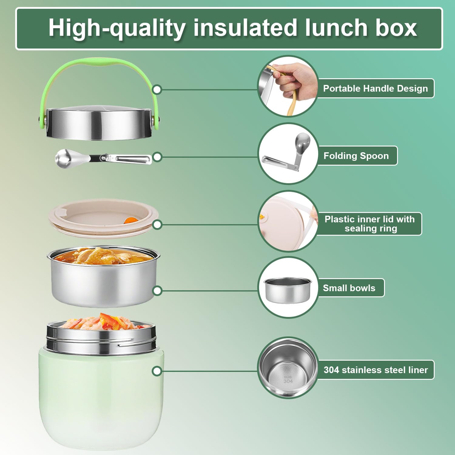 Portapranzo Termico per Alimenti 1200ml Contenitore Termico per Alimenti Caldi con Cucchiaio Pieghevole per Conservare Porridge,Zuppa,Frutta,Yogurt e Pranzi (Verde)