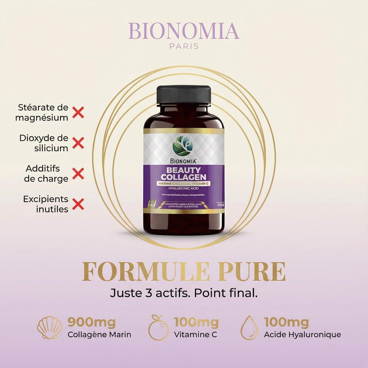 Beauty Collagen 900mg - Collagène Marin Hydrolysé Naticol + Acide Hyaluronique 100mg + Vitamine C - Peau Cheveux Ongles - 60 Gélules Végétales Sans Excipients - Testé en Laboratoire