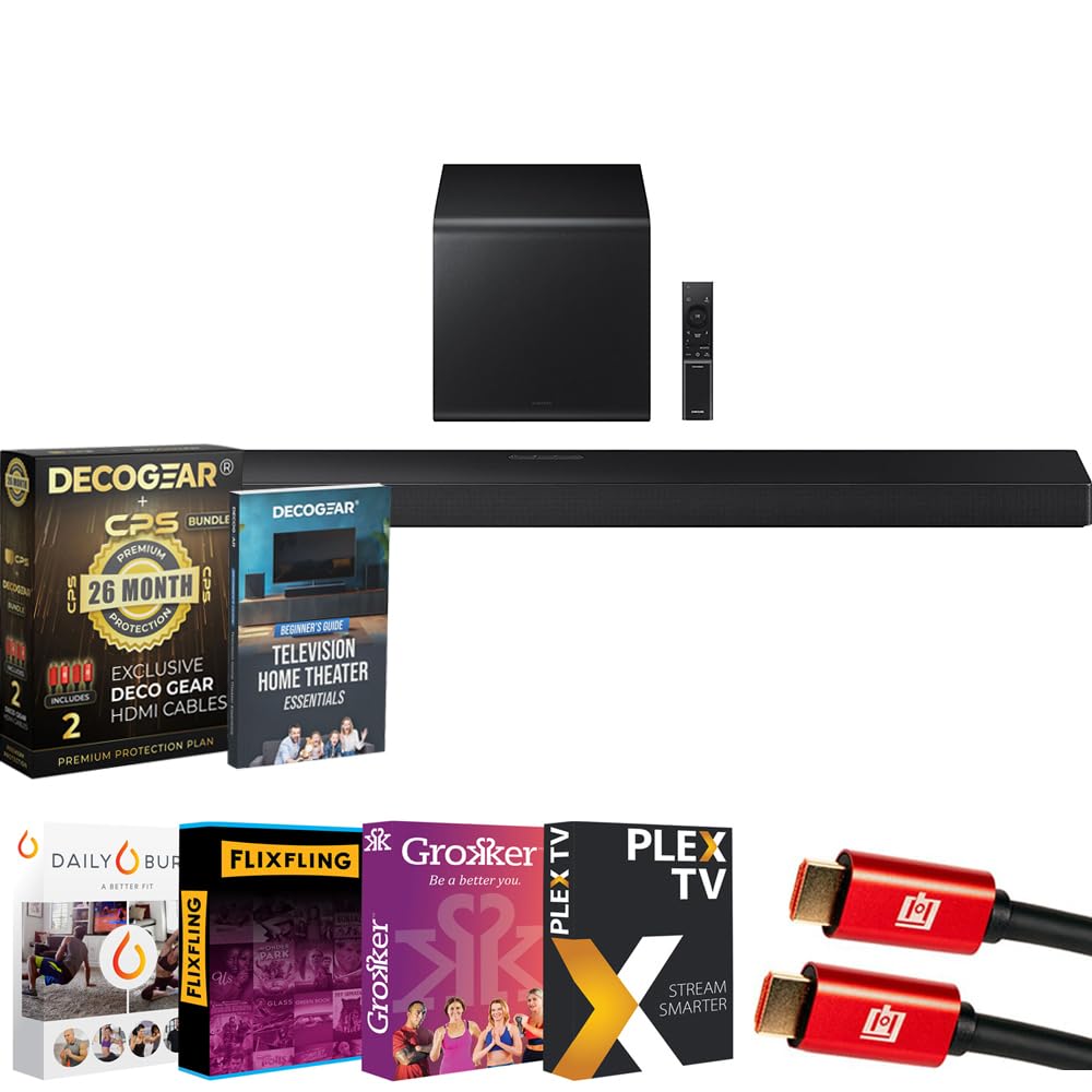 Samsung Q Series Soundbar HW-QS700F 3.1.2 ch Subwoofer 2025 Bundle with CPS Exclusive 26 Month Protection Pack, Premiere Movies Streaming, 2X HDMI Cable &amp; Deco Gear Home Theater Beginner's Guidebook