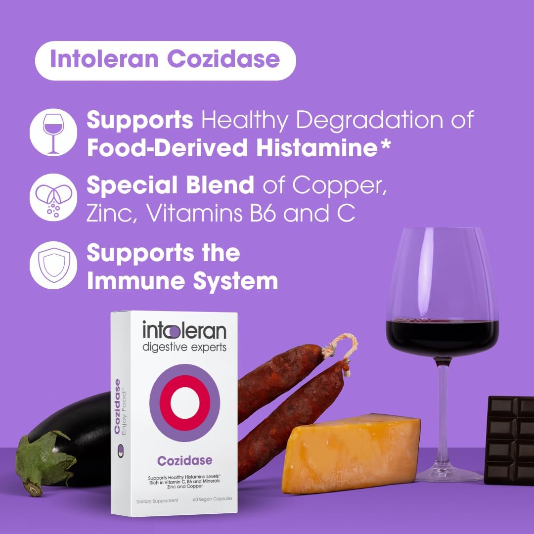 Intoleran Cozidase - 60 Capsules | Supplement for Histamine Intolerance & DAO Deficiency | Stimulates Diamine Oxidase (DAO) Enzyme Production | Vitamins & Minerals; Copper, Zinc, Vitamin B6 & C