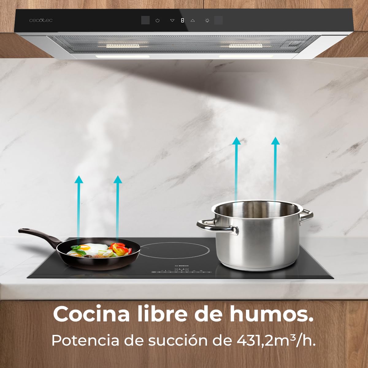 Cecotec Okap teleskopowy 70 cm Bolero Flux TLT 704400 Glass Black A+++. Ssanie 431,2 m³/h, niskie zużycie prądu, silnik DC, kontrola ruchu i dotyk, szkło przednie czarny, korpus ze stali nierdzewnej