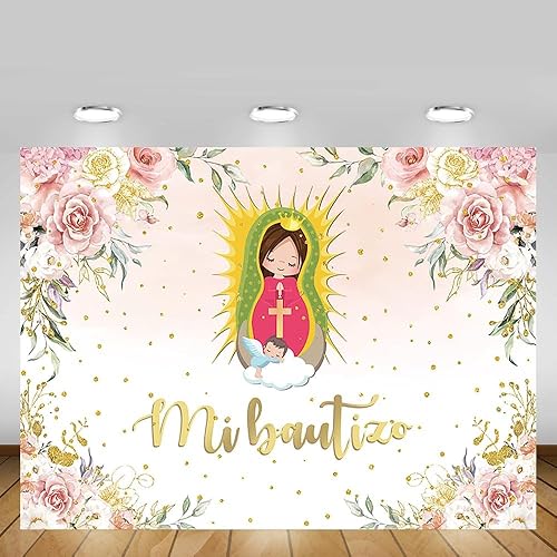 Miniatura 5 de MEHOFOND Telón de fondo de bautismo Mi Bautizo de 8 x 6 pies, acuarela, rosa, floral, hierba de las pampas, fondo de baby shower, fondo de baby