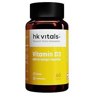 hk vitals Vitamin D3 (600 IU) (60 Capsules) | With Sunflower Oil, Promotes Calcium Absorption | Bone Health, Muscle Strength & Immunity - image, photos
