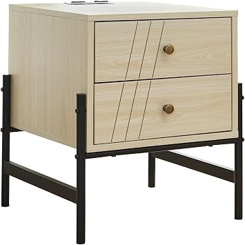 Nightstand with Charging Station and 2 USB Ports 2 Drawers and Metal Shelf Beside Table Sofa Side Table End Table for Bedroom Living Room