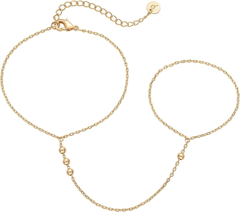 Pulsera de cadena de mano para mujer, cadena de anillo ajustable chapada en oro de 14K