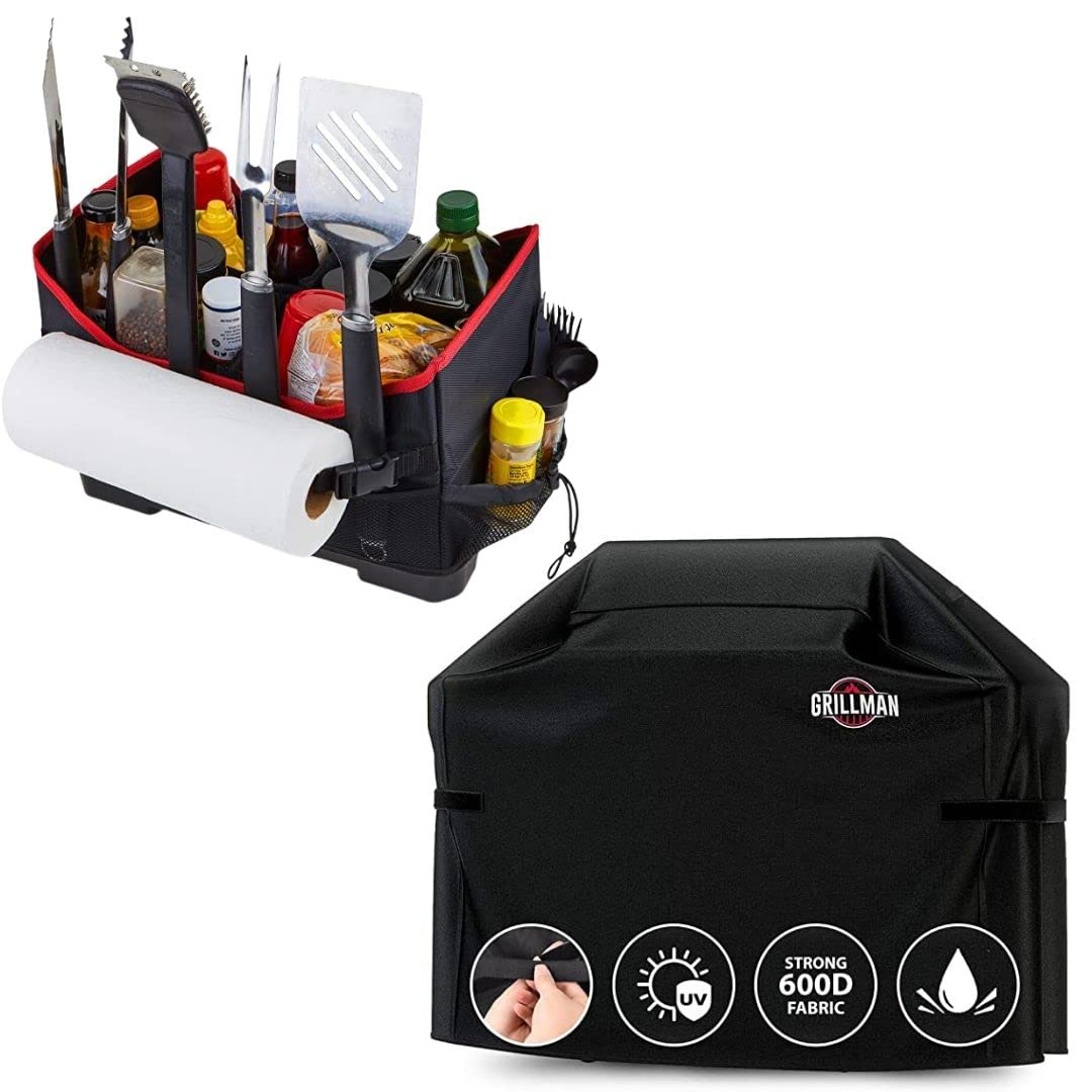 GrillmanPremium Grill Caddy & Grillman Premium BBQ Grill Cover. Rip-Proof & Waterproof (72" L x 26" W x 51" H, Black)