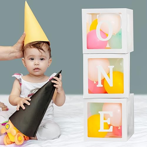 Miniatura 4 de Cajas de globos de primer cumpleaños para niño o niña con letras "ONE" individuales, tres cajas cuadradas blancas transparentes para decoración de